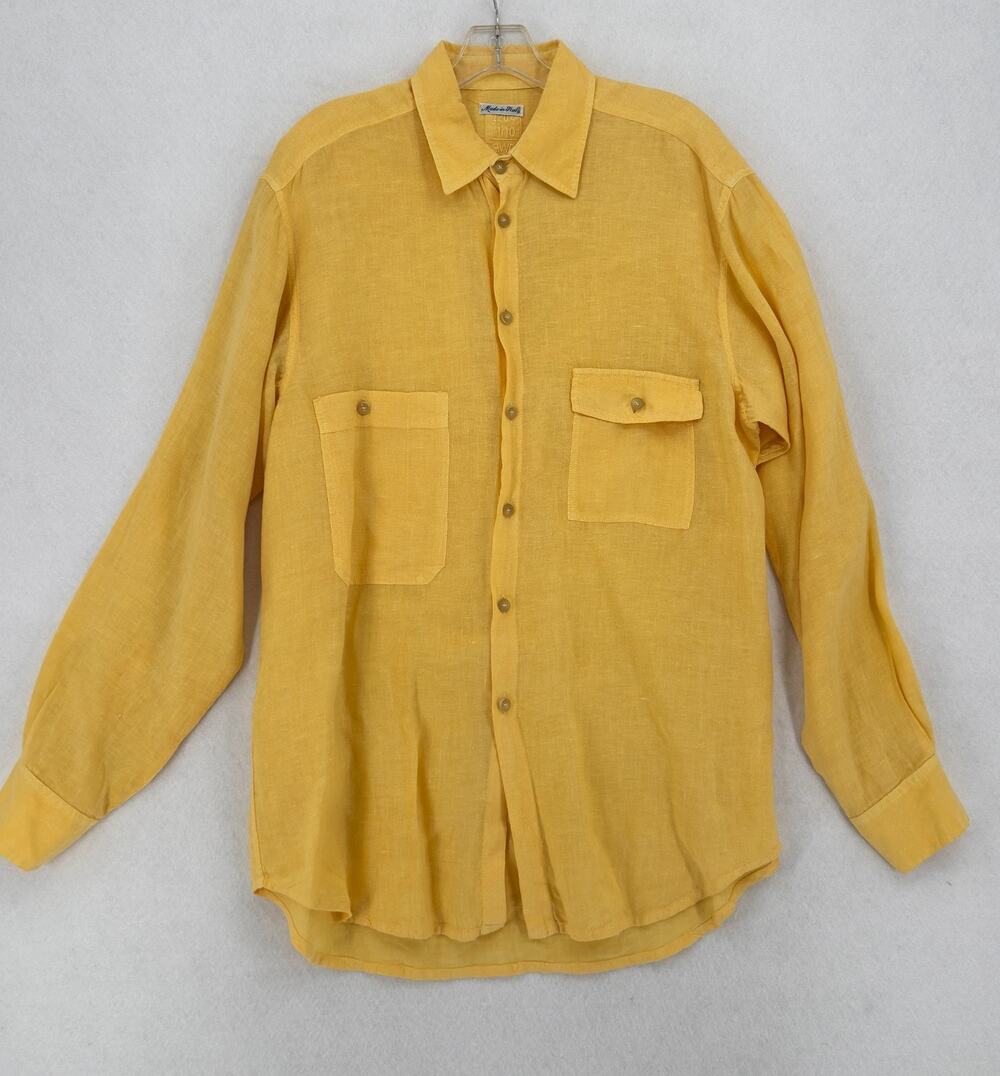 120% Lino Mens Yellow Woven Pure Linen Long Sleeve Button Up Shirt Sz L